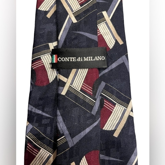 Conte di Milano 100% Silk Italian Made Necktie Black Burgandy Geometric - Picture 3 of 5